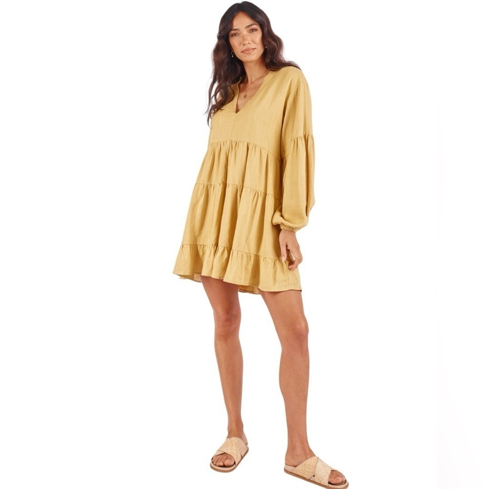 Girl and the Sun Linen Blend Gold Gala Mini Dress Balloon Sleeve MSRP $130 NWOT